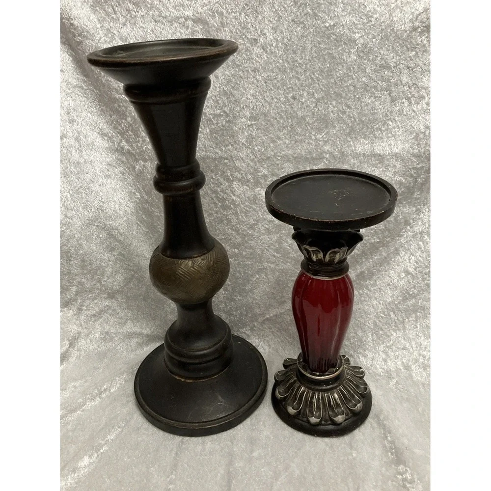 Lot of 2 Pillar Candle Holders, Red Ornate Glass Art Deco & Antiqued Brown Wood